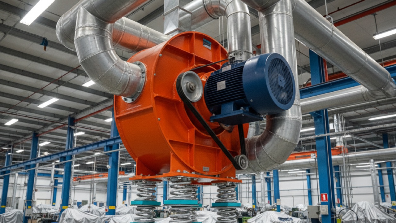 Ventilador centrífugo industrial con ductería en planta