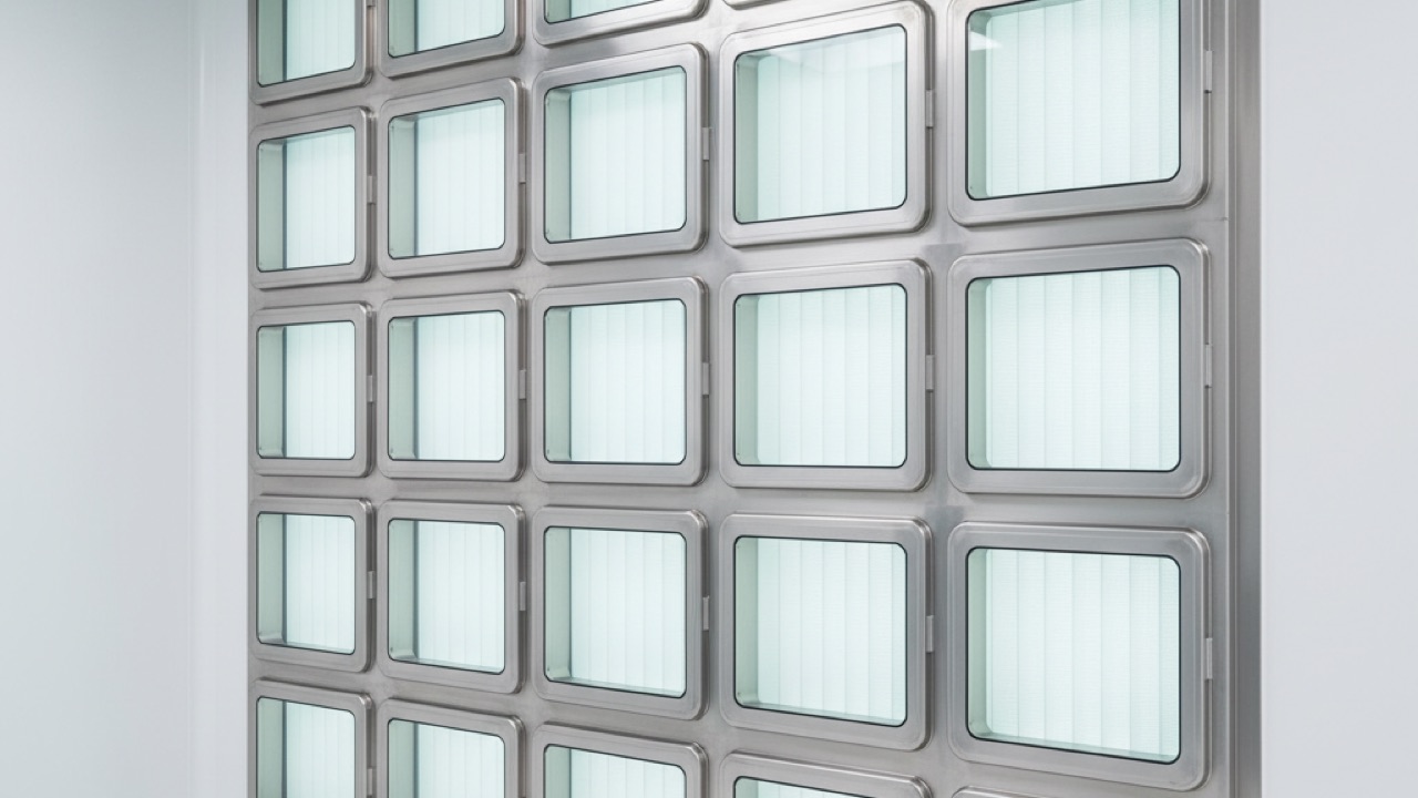 Banco de filtros HEPA H14 en pared de cuarto limpio