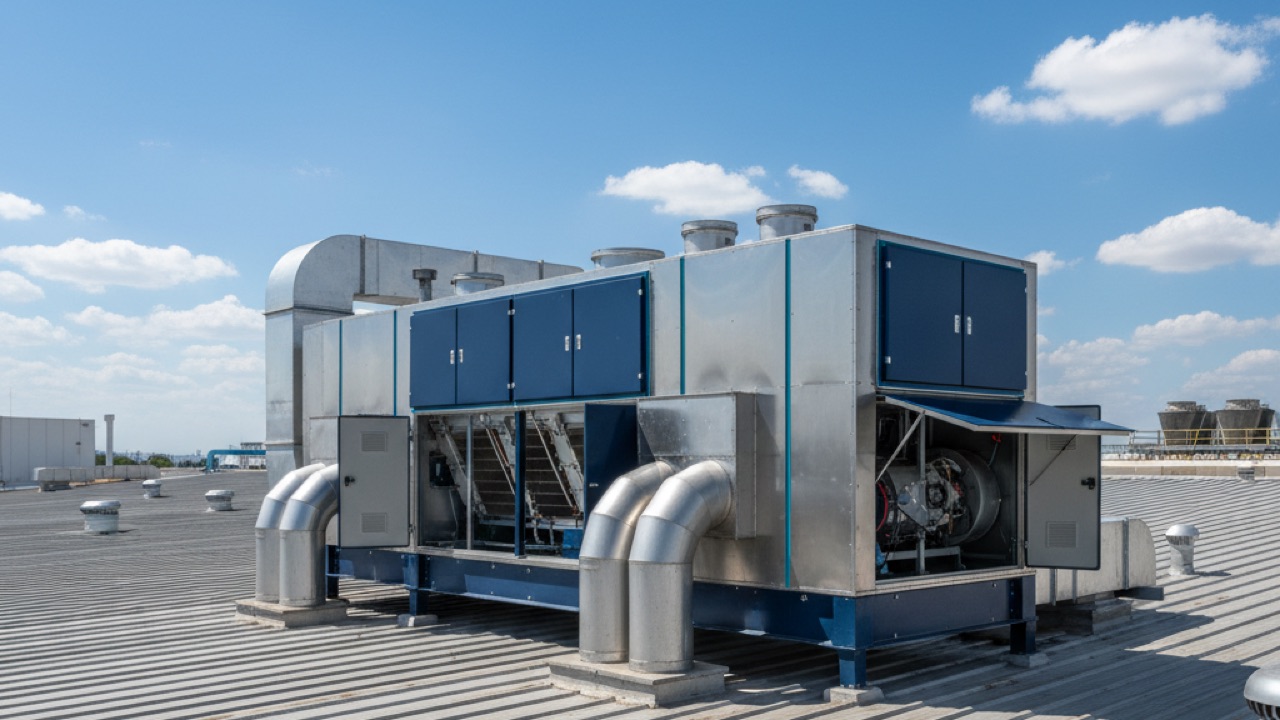Unidad manejadora de aire (UMA) instalada en azotea industrial