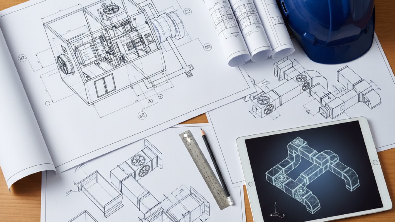 Planos de ingeniería de detalle con tablet y casco