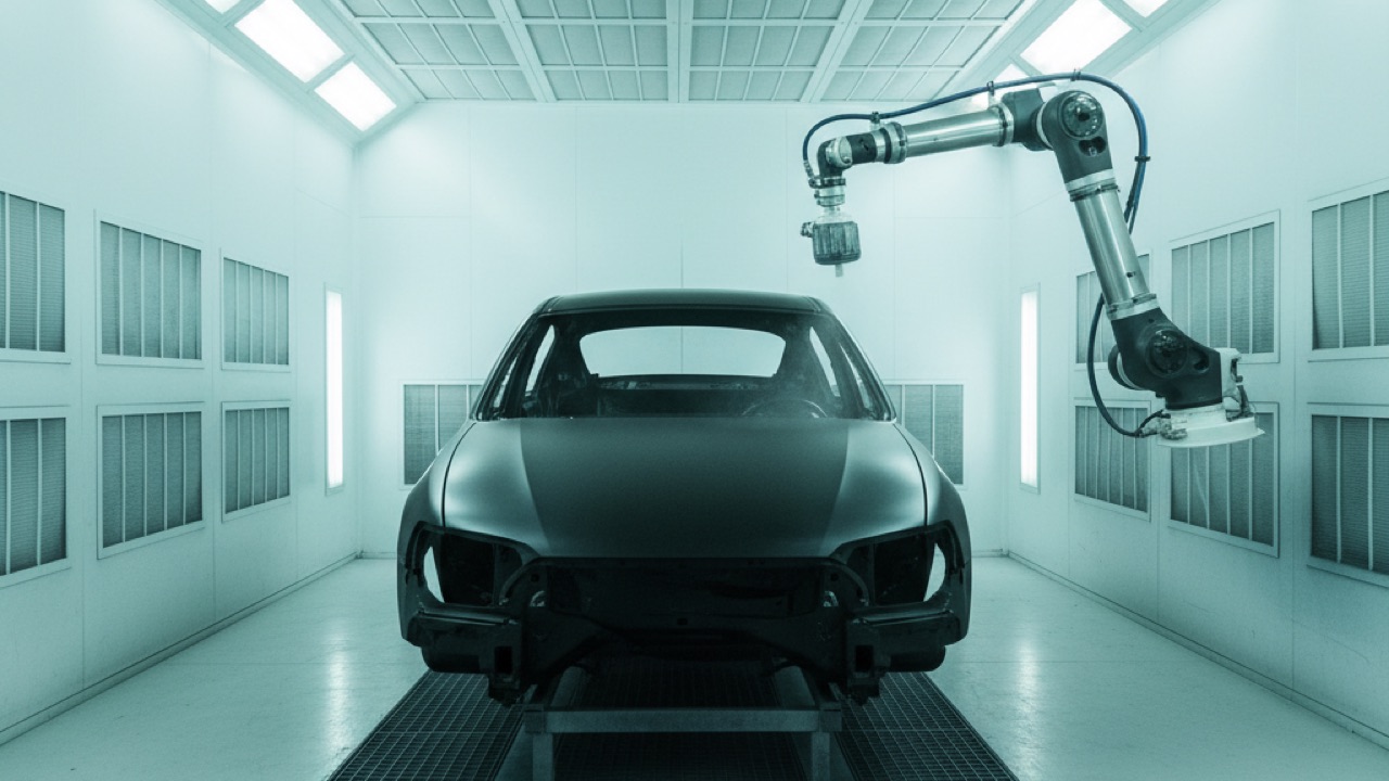 Cabina de pintura automotriz con sistema downdraft y robot pintor